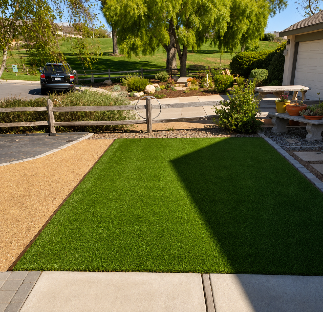 Backyard with green lawn, gravel paths, wooden fence, trees, and a parked car beyond the road