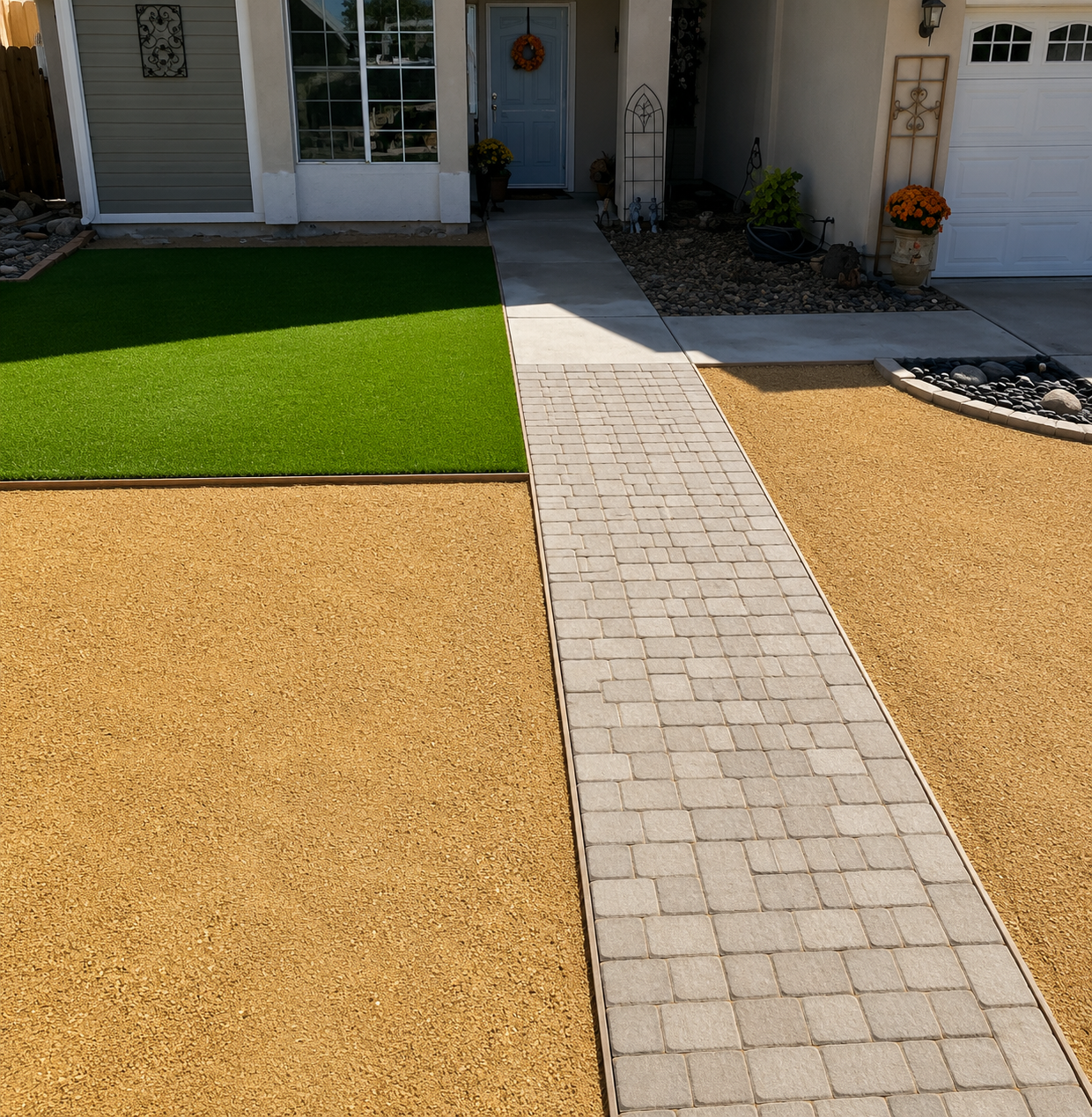 Front yard with a paver walkway, green lawn, and tan gravel beds leading to a house entrance.