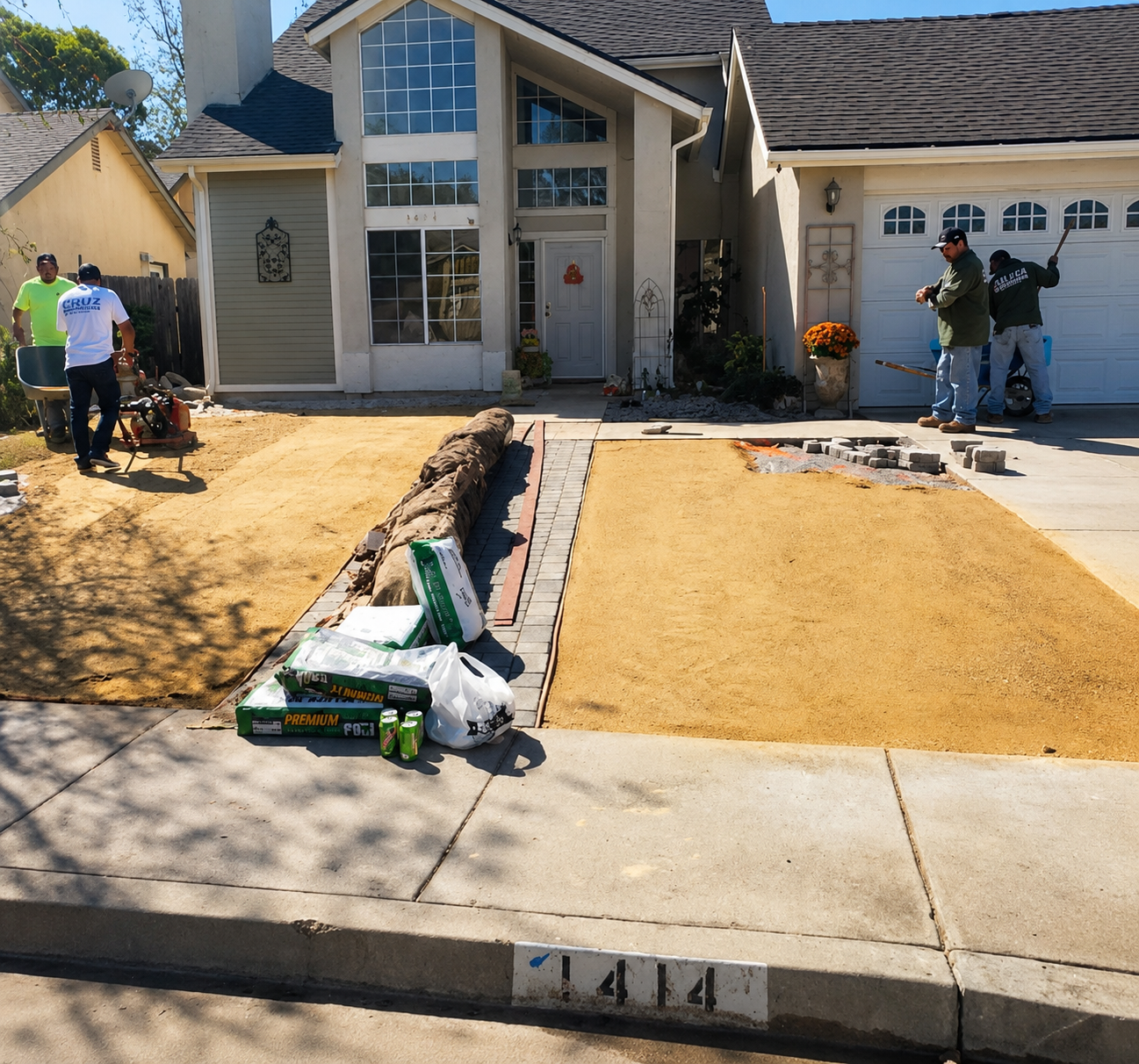 Workers installing new sod on a suburban front yard beside a house and driveway