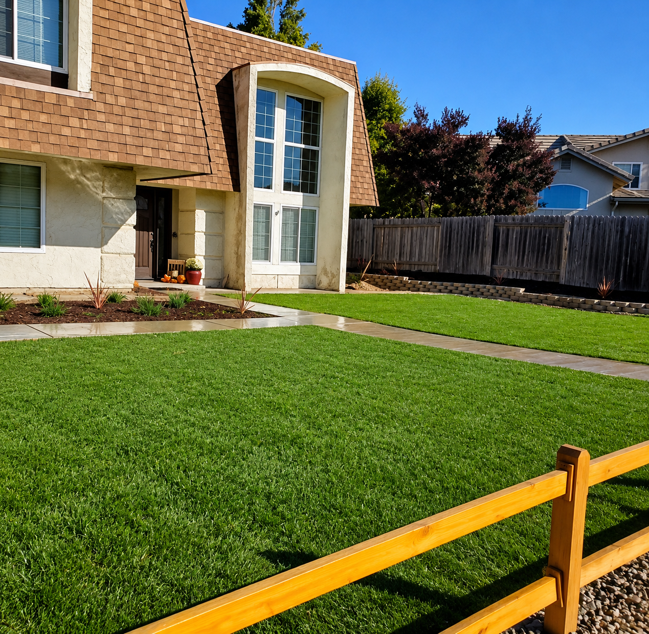 Front yard with bright green lawn, brick house entrance, wooden fence, and clear blue sky