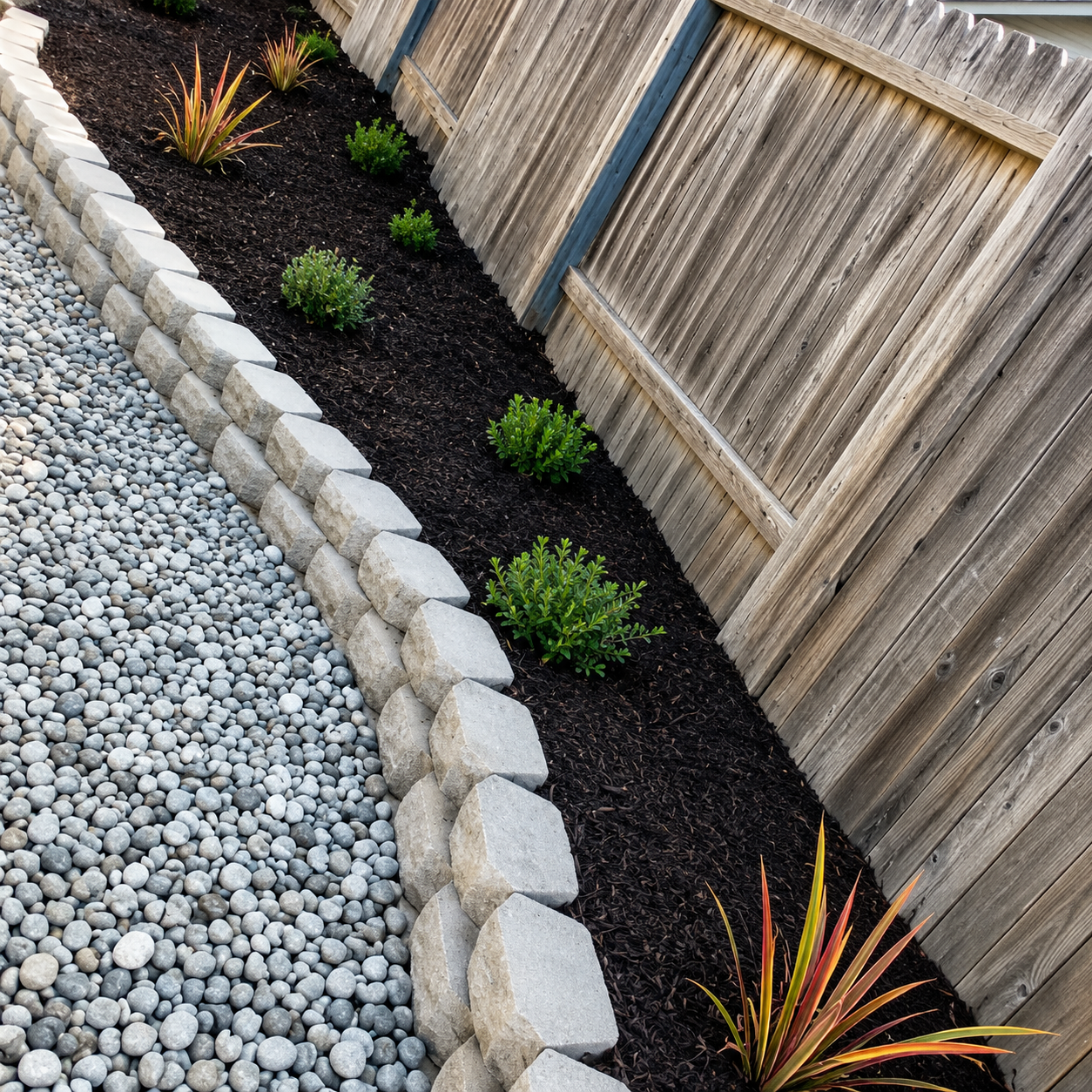 Curved stone border edging a gravel path and dark mulch bed with small shrubs and colorful plants by a wooden fence