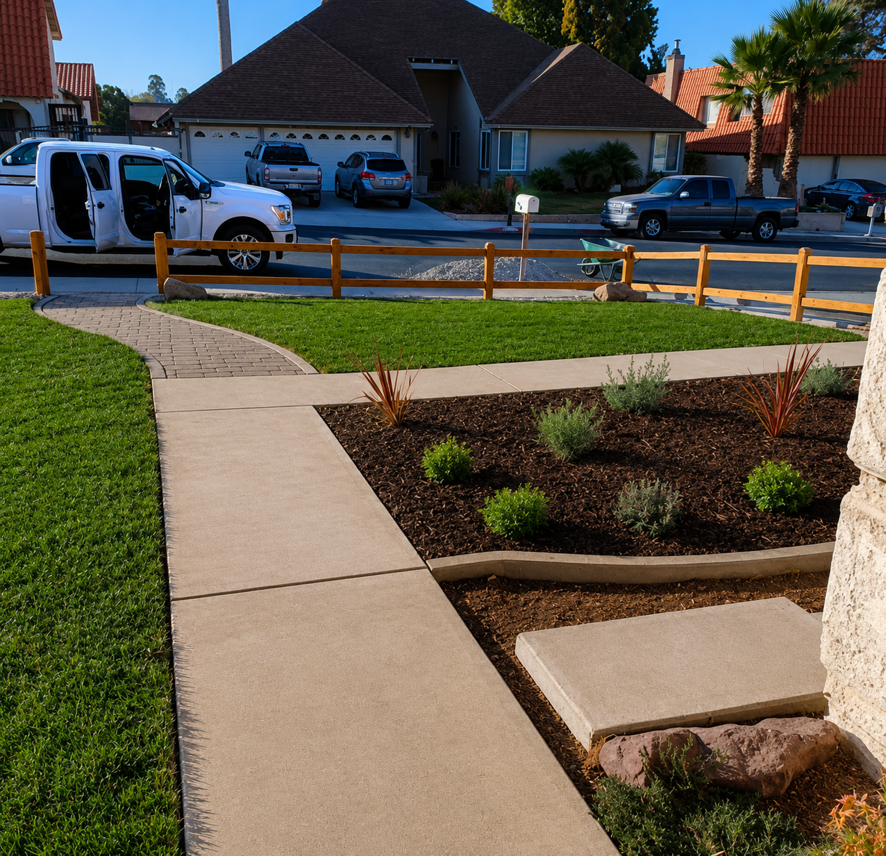Sidewalk beside a landscaped yard with a street and parked vehicles beyond it.