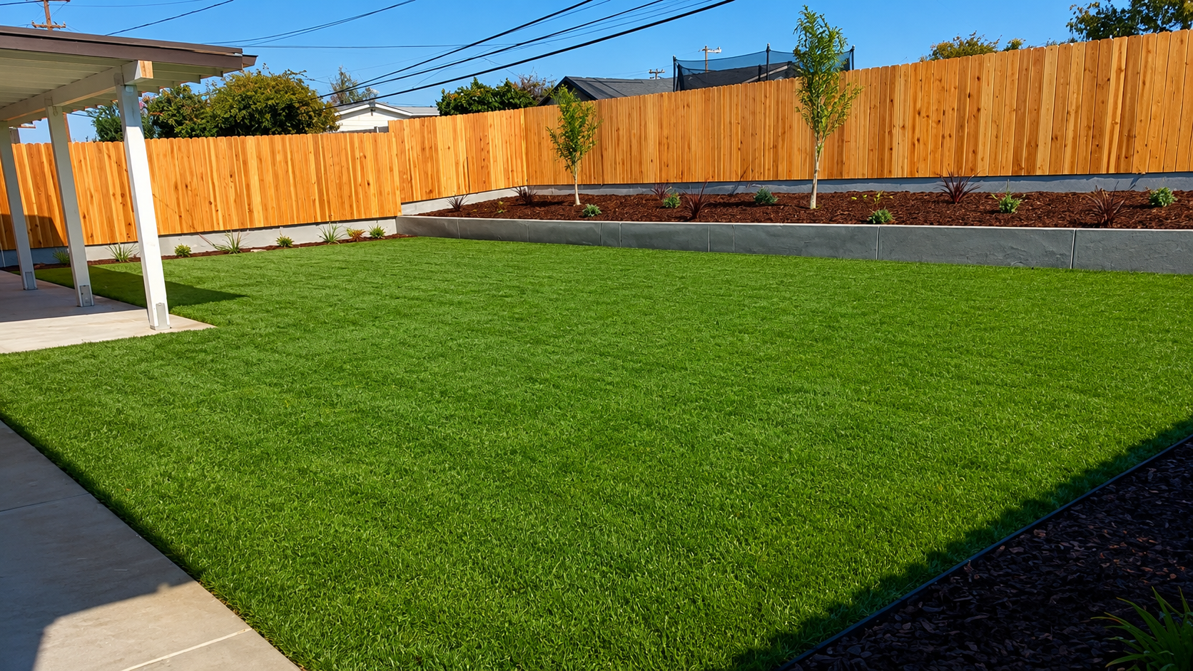 Backyard with lush green lawn, wooden fence, raised garden bed, and covered patio under a clear sky
