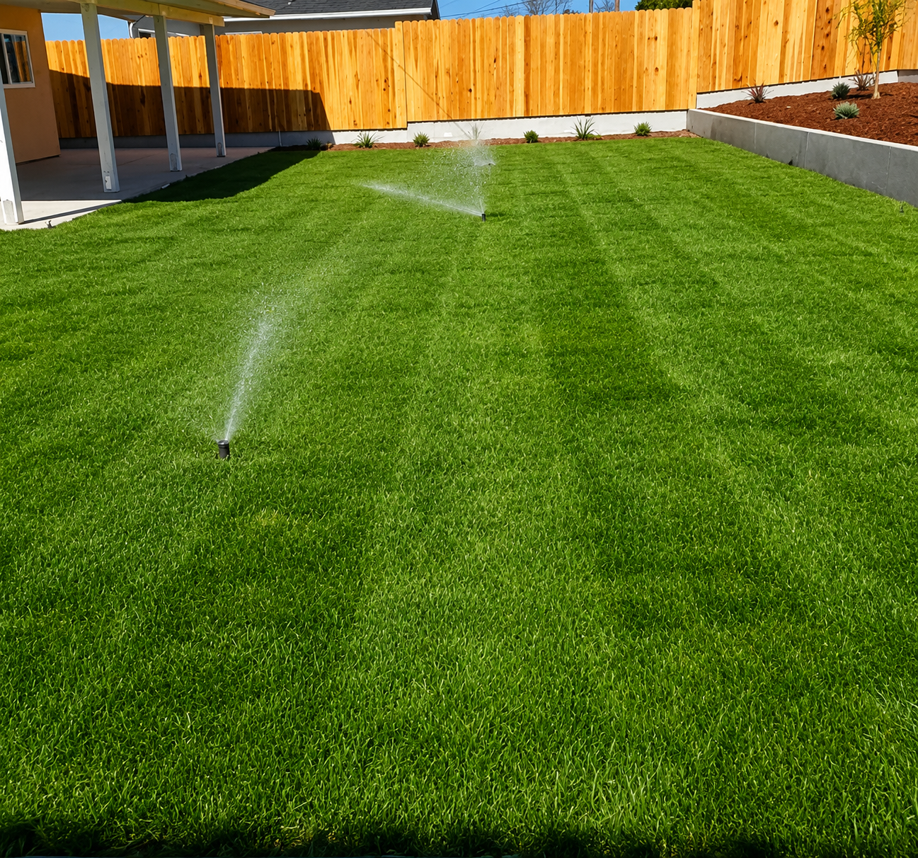 Sprinklers watering a bright green lawn in a fenced backyard under sunny skies