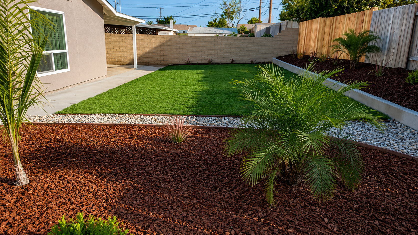 Backyard with green lawn, palm trees, and landscaped mulch beds beside a beige house and white fence