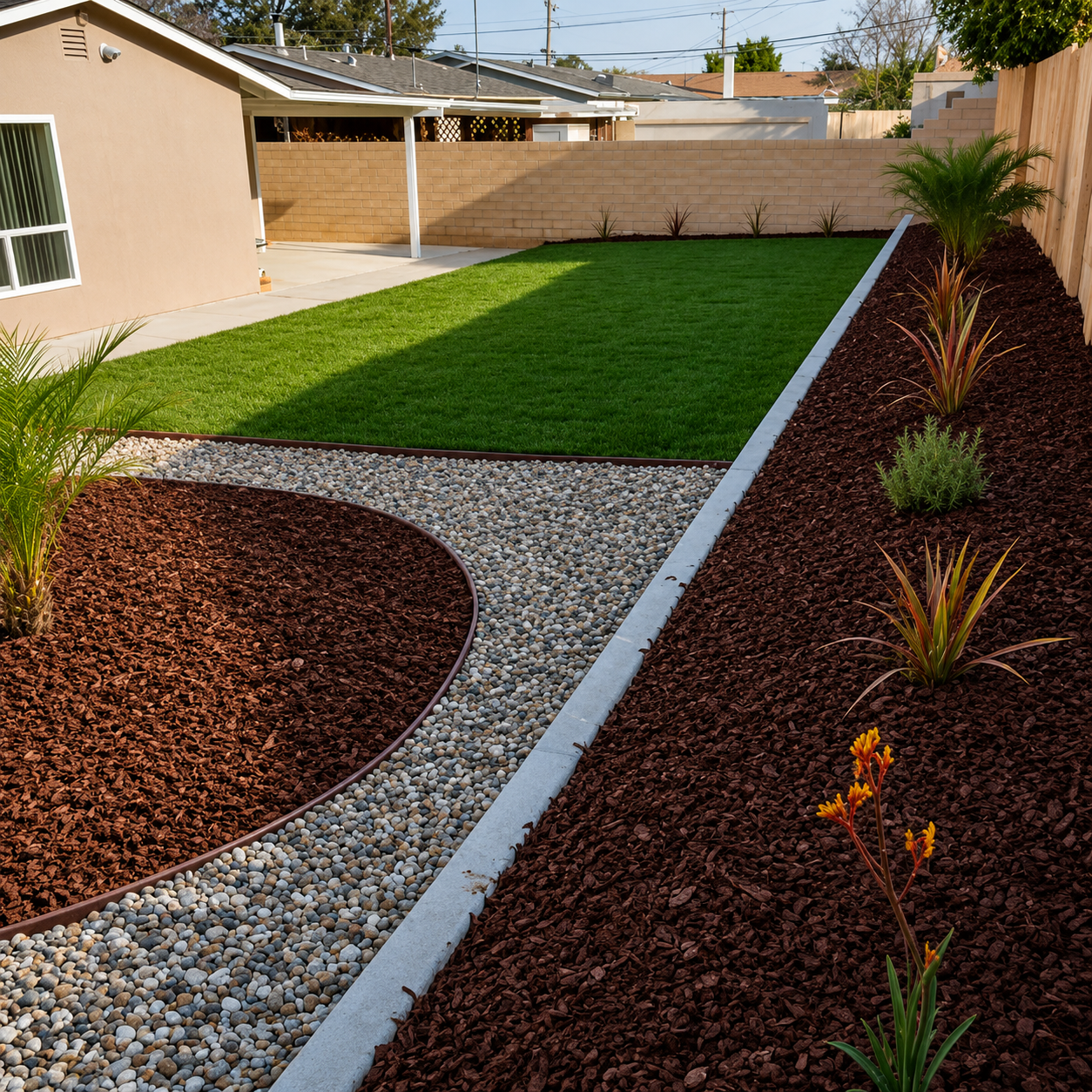 Landscaped backyard with green lawn, gravel path, and red mulch beds beside a house