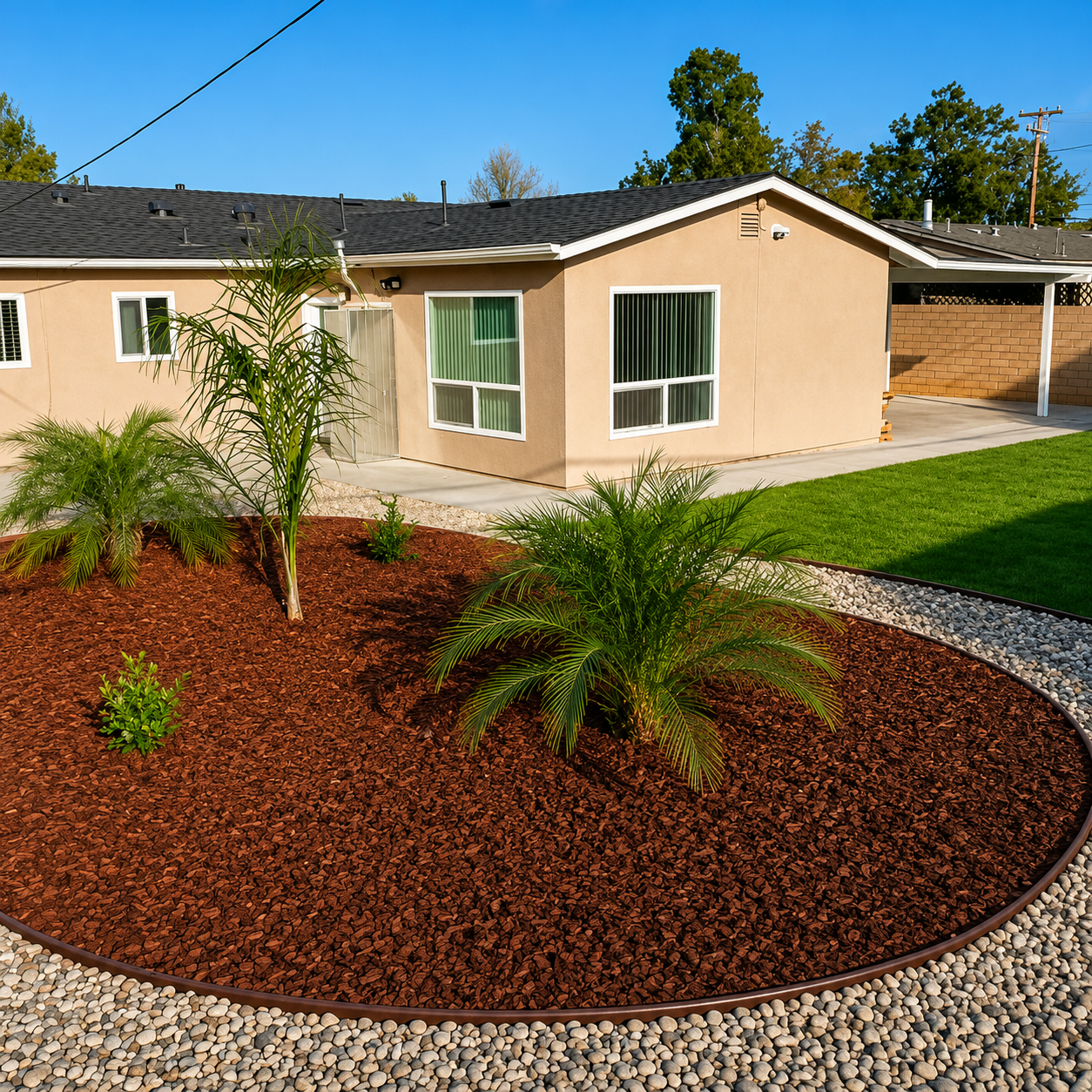 Single-story beige house with a landscaped front yard, red mulch, small palms, and gravel border