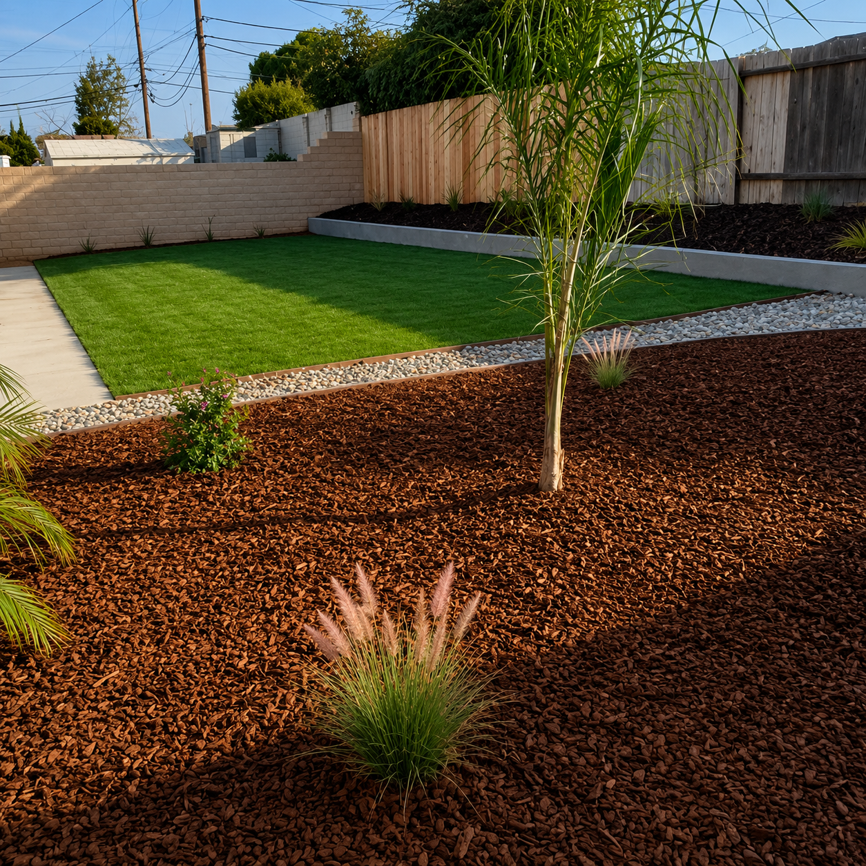 Landscaped backyard with green lawn, brown mulch, young trees, and a wooden fence under clear sky