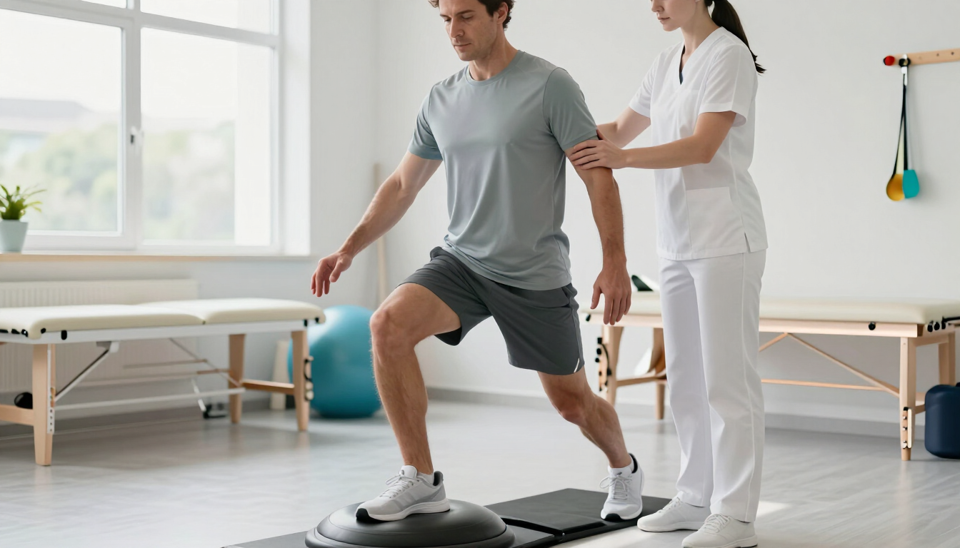 Athlete performing guided balance and ankle rehabilitation exercises