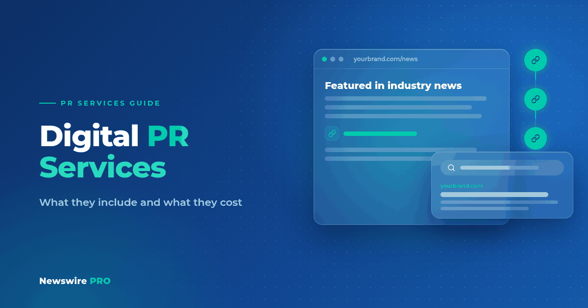Browser window with an industry news article, backlink icons and a search result card