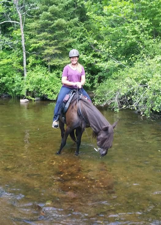 Person riding a dark horse through a shallow creek in a wooded area.