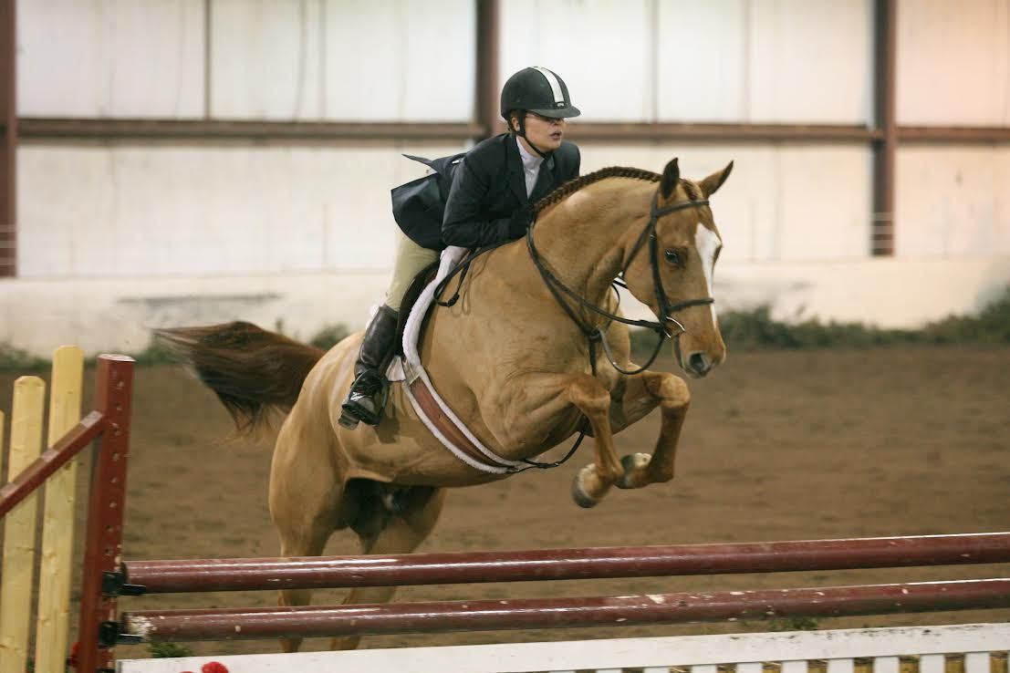 Rider on a tan horse clearing a jump in an indoor riding arena