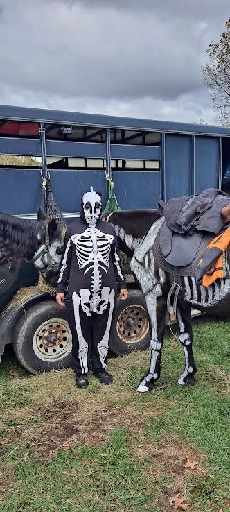 Person in a skeleton costume standing beside a horse costume, with a blue trailer in the background.