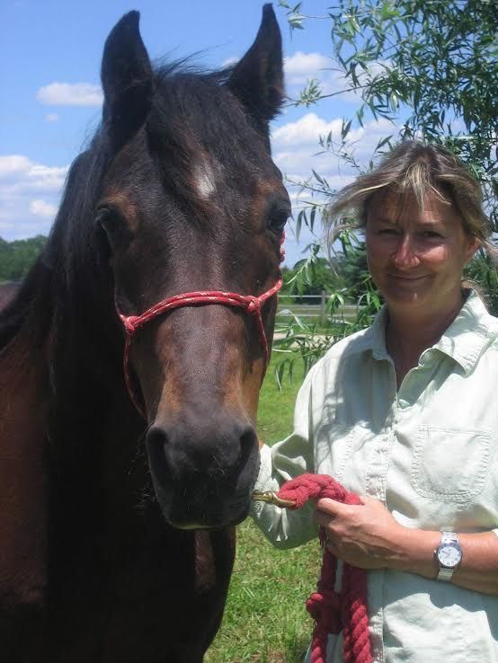 Woman standing beside a black horse in a grassy field, holding a red lead rope under a blue sky