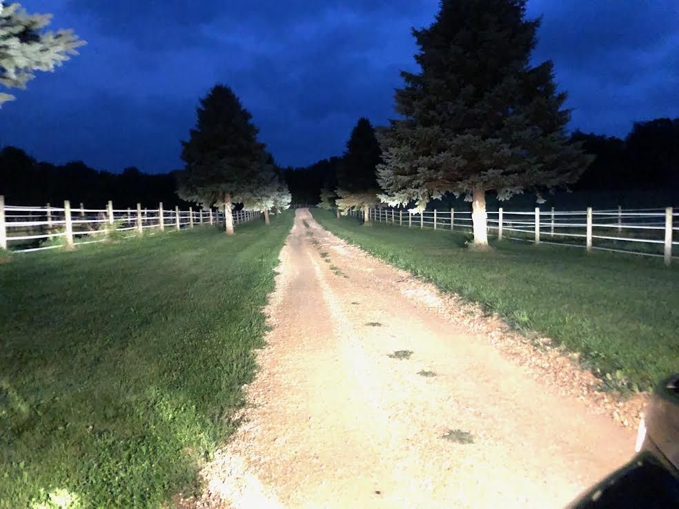 Dirt road at night between white fences and green grass under a dark blue sky, lit by headlights.