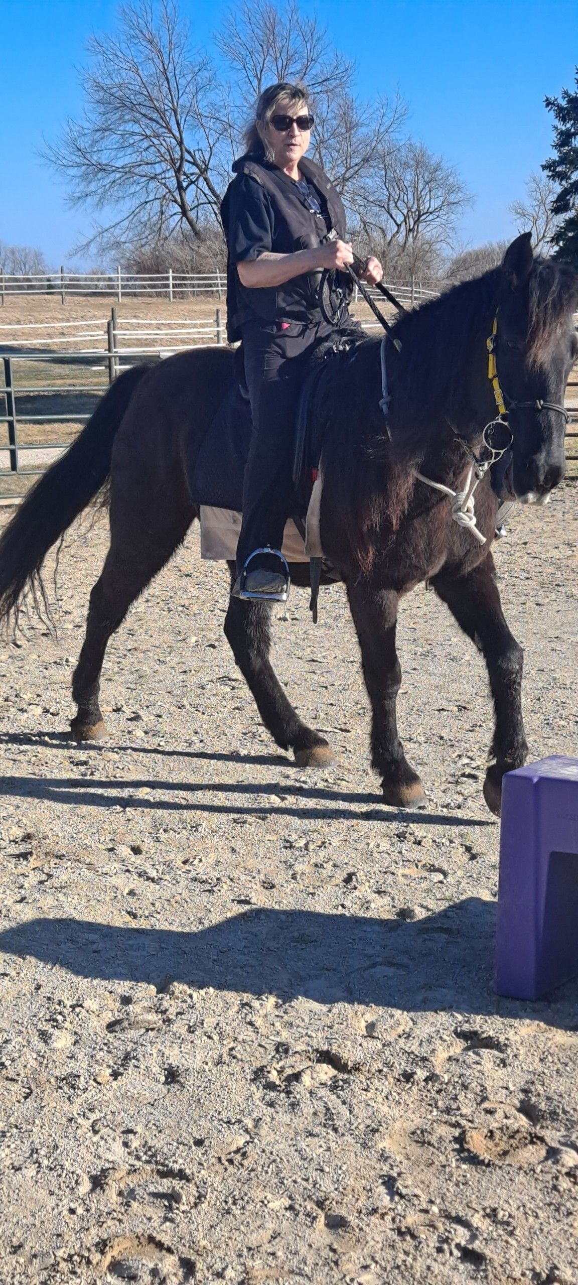 Person in sunglasses riding a black horse in an outdoor arena.
