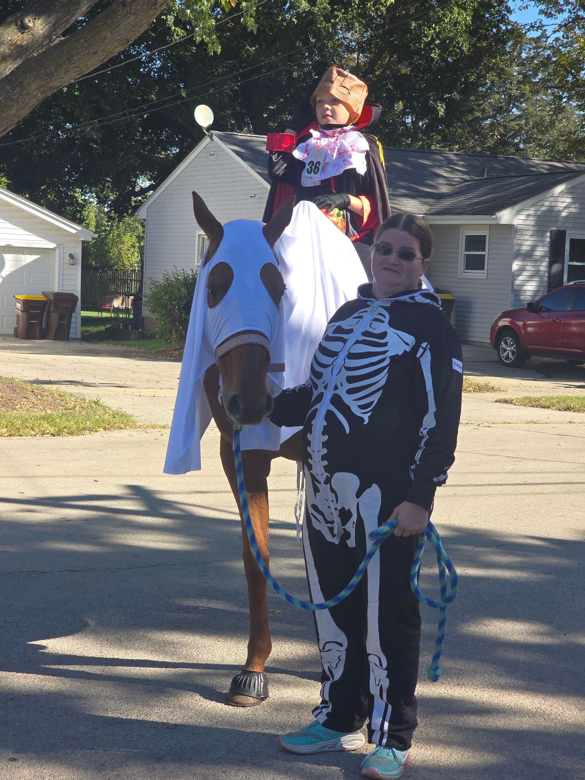 Child in black skeleton costume stands beside a horse dressed as a white ghost on a suburban street.