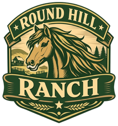 Round Hill Ranch logo featuring a horse head, a ranch scene, and text in green and gold.