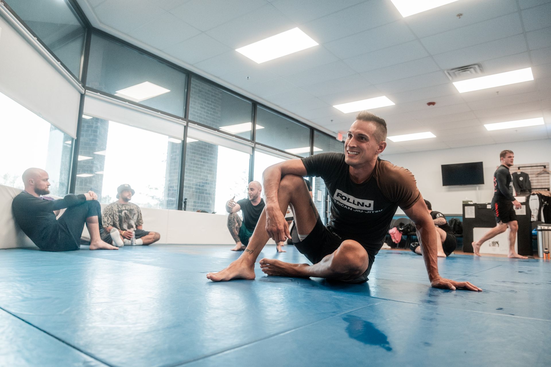 Adult students drilling Jiu-jitsu self-defense at Montgomery Brazilian Jiu-Jitsu in Montgomery, NJ for confidence.