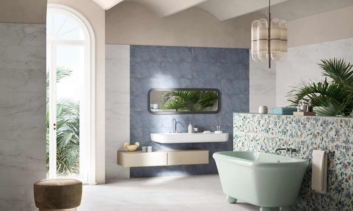 Pavimento e rivestimento bagno in gres porcellanato della serie Orangerie di Naxos ceramiche