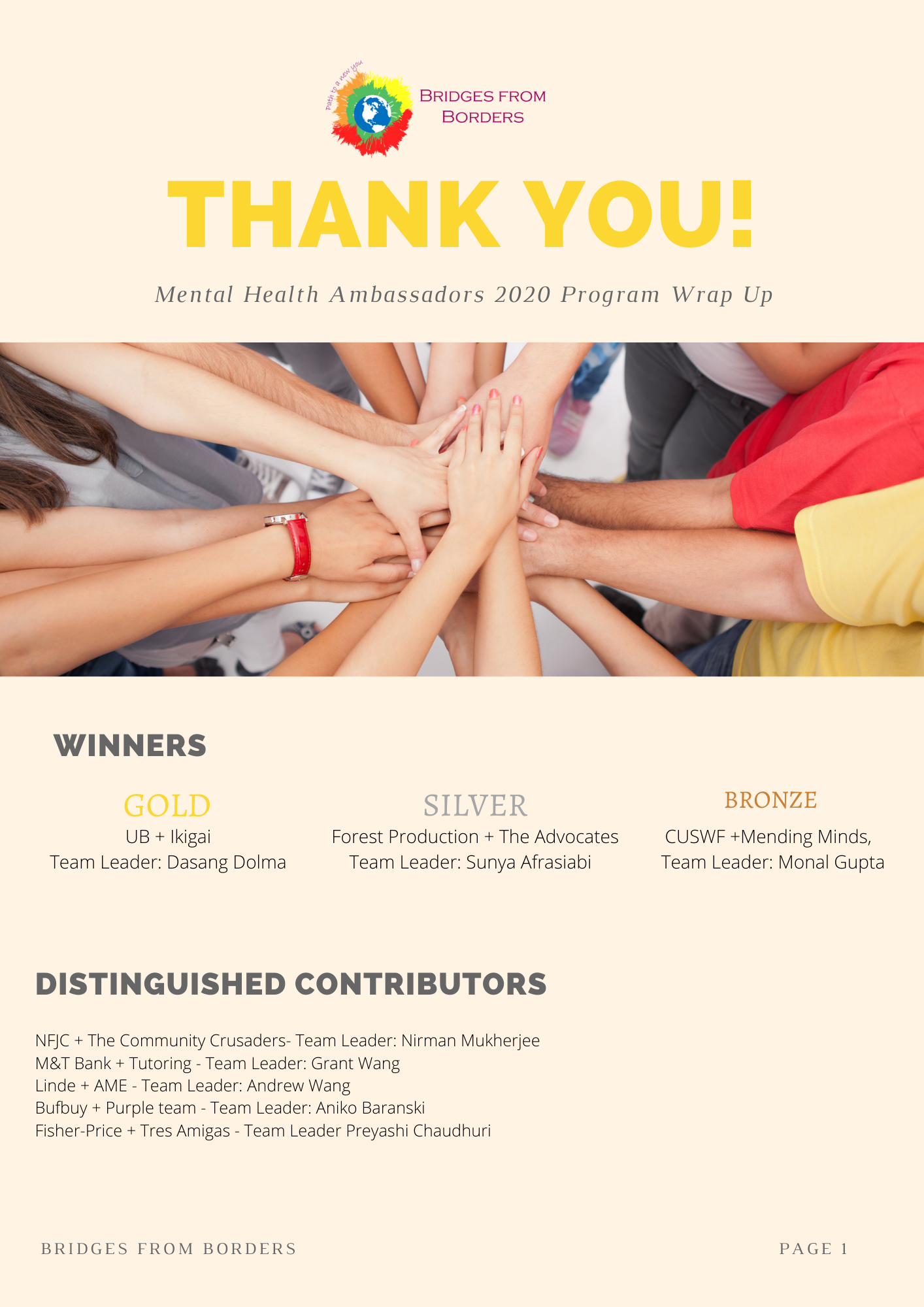Thank-you poster with stacked hands, gold title, and sections for winners and distinguished contributors.