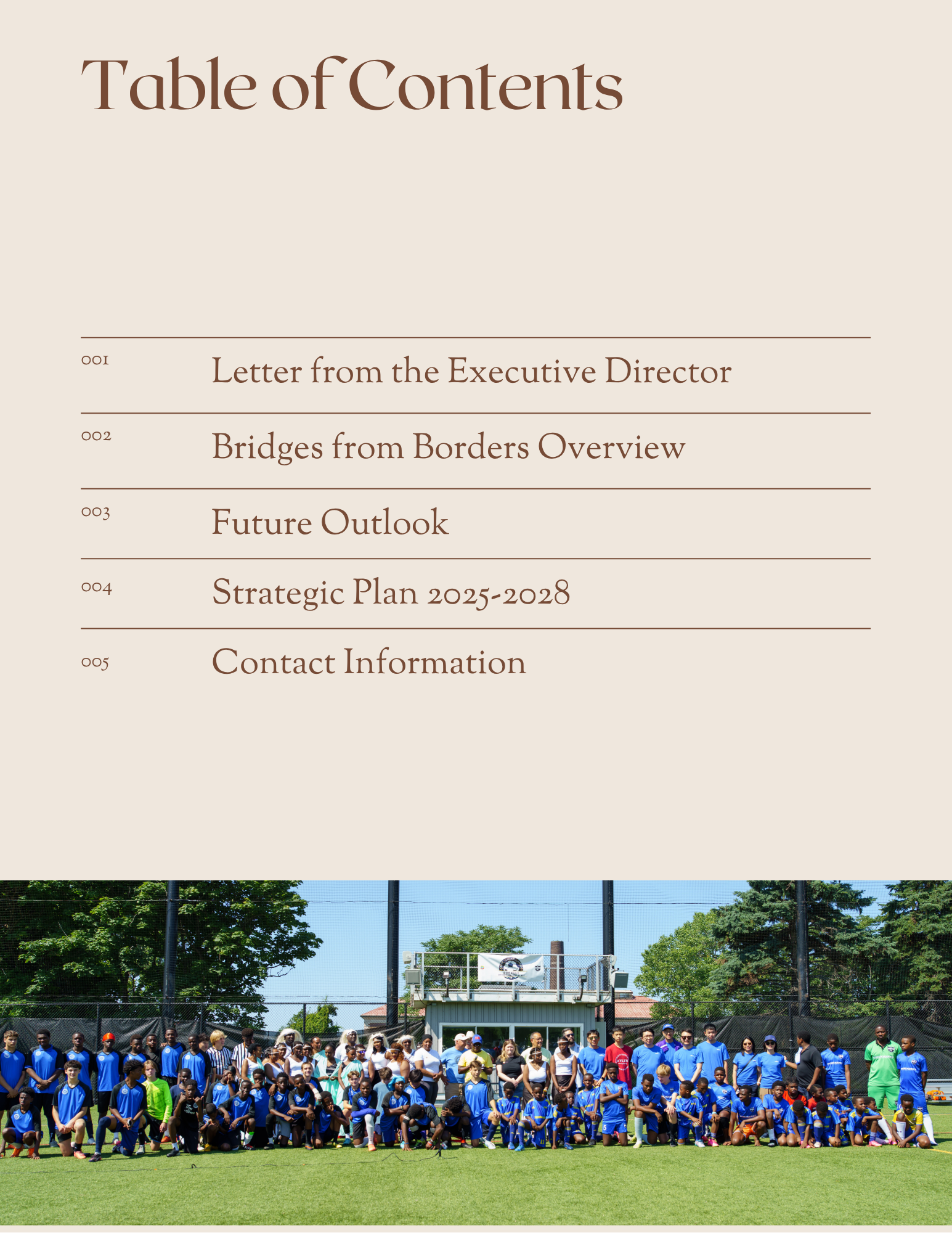Table of contents page with five sections above a large group photo outdoors