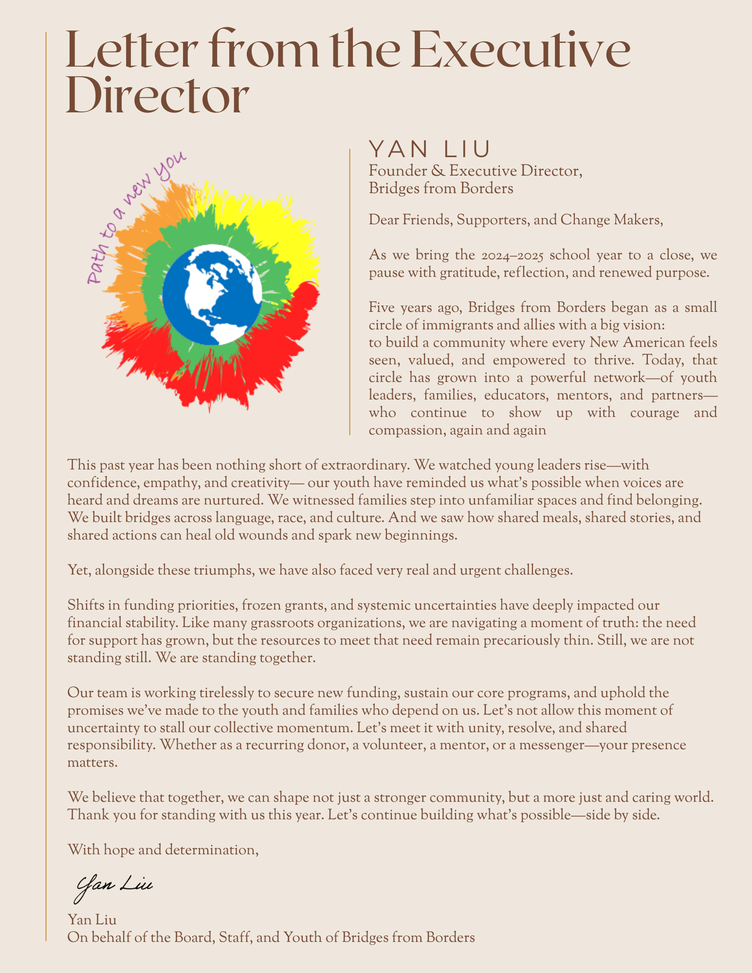 Letter from the Executive Director with rainbow globe graphic and handwritten text on cream paper