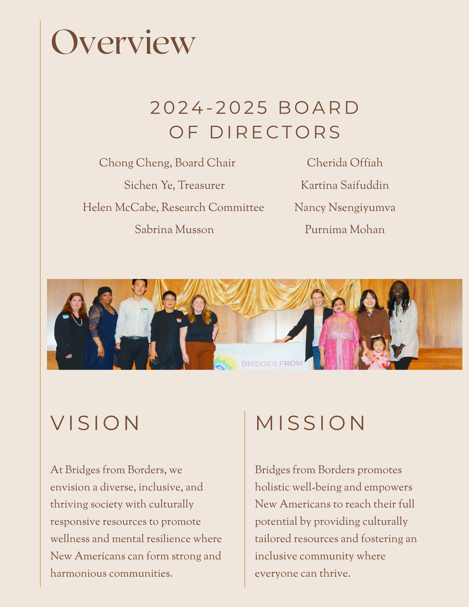 Board of directors overview page with names, a group photo, and vision and mission sections on a beige background