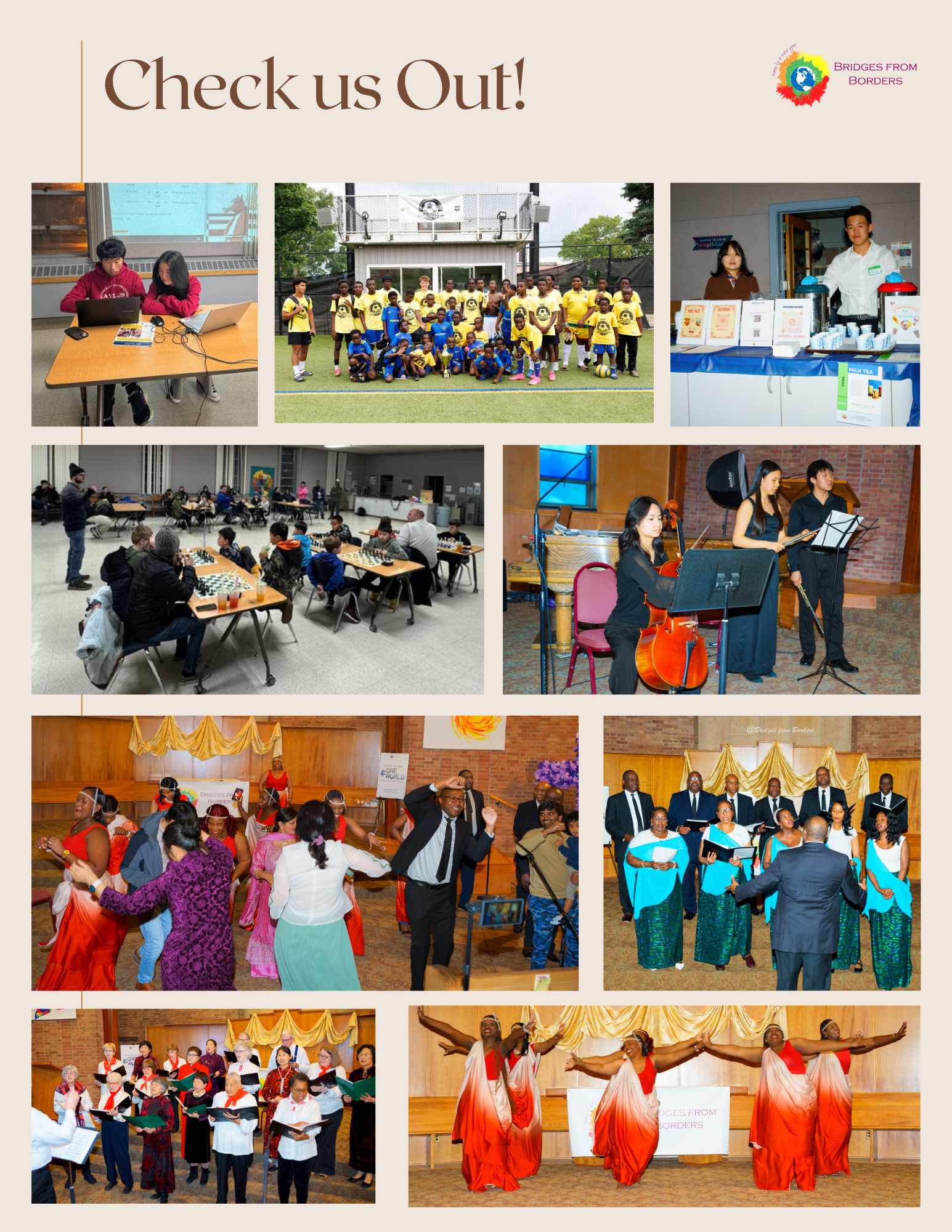 Collage of students and teachers at school events, performances, and group activities indoors and outdoors
