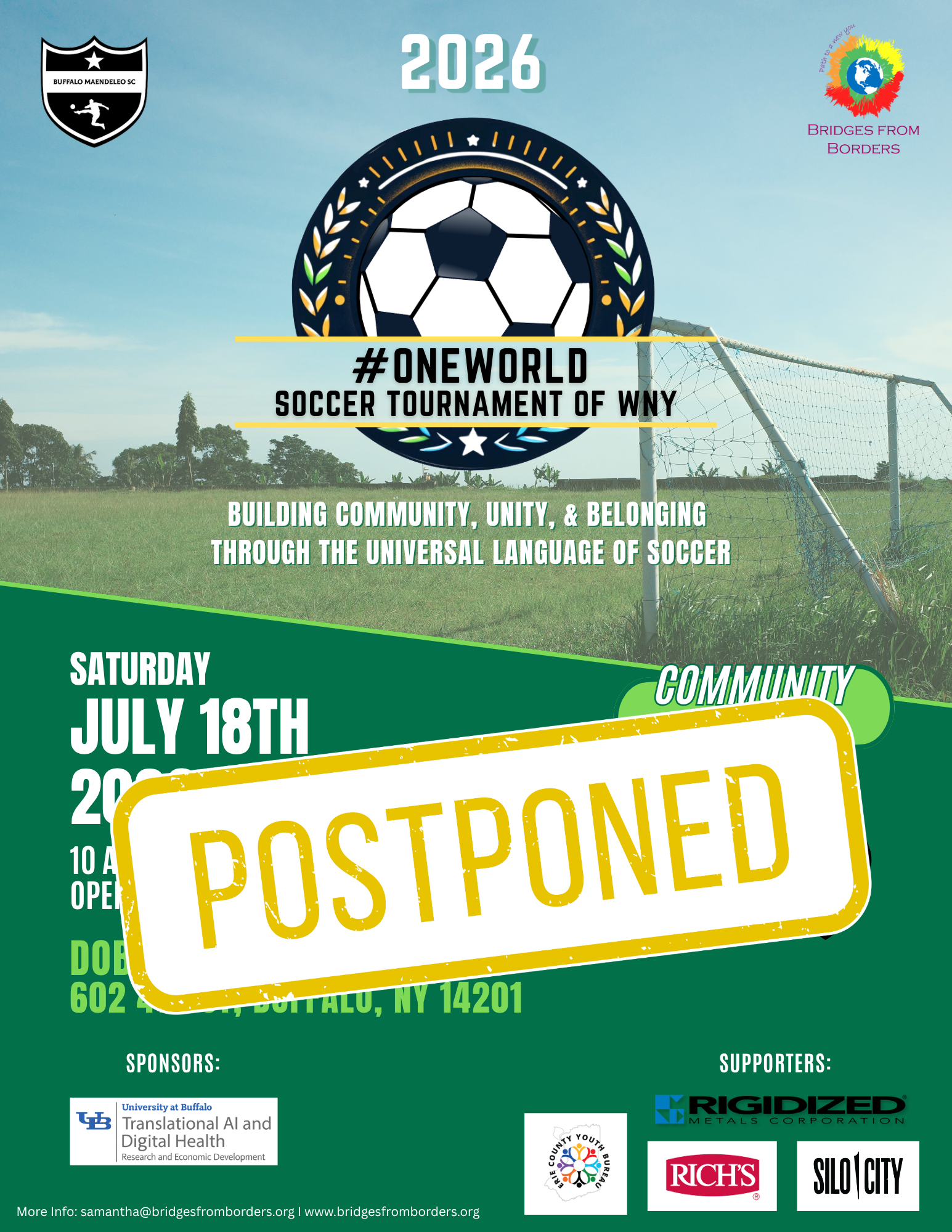 Summer 2026 soccer tournament flyer with green field, soccer ball, and #OneWorld branding