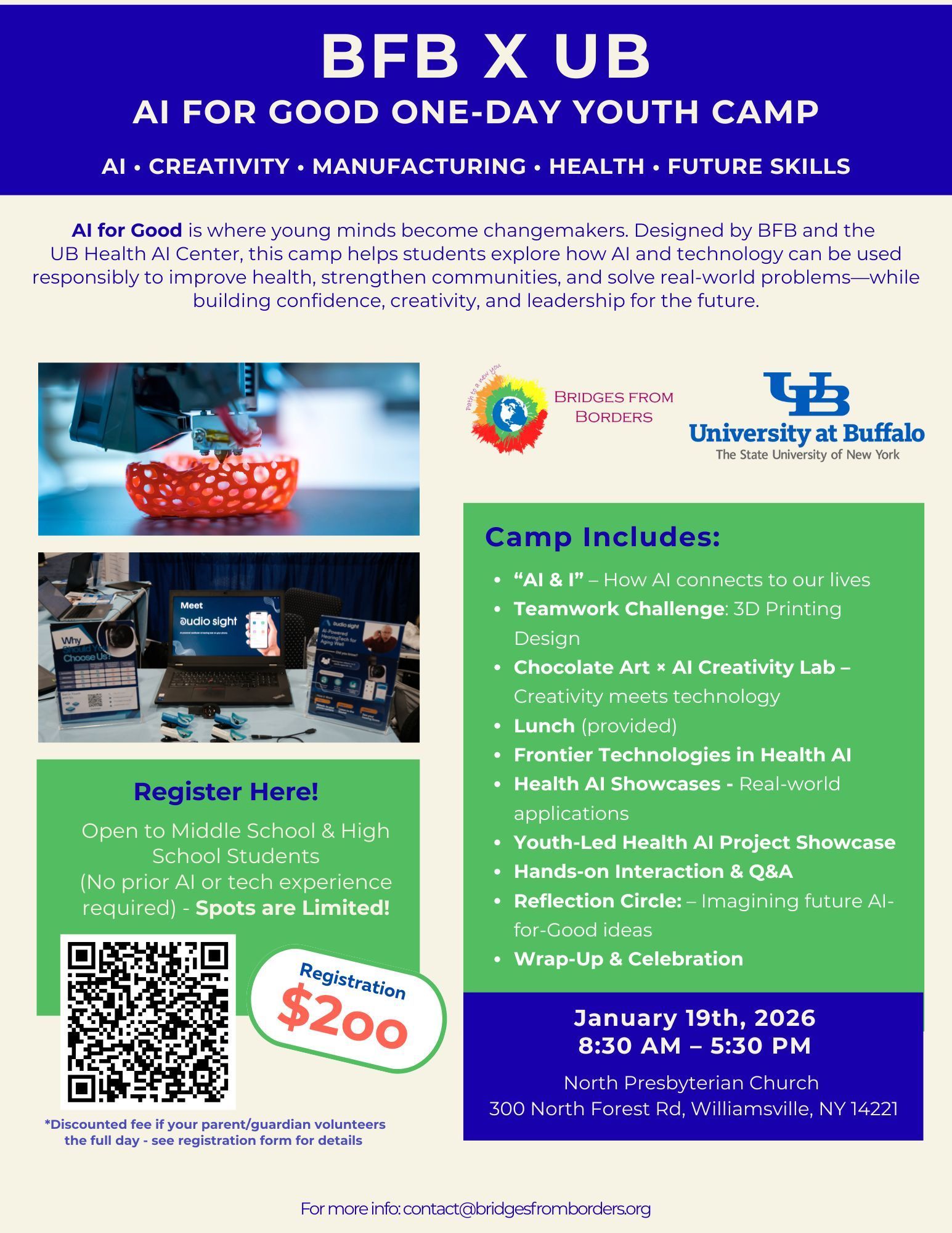 UBF X UB AI for Good One-Day Youth Camp flyer with blue and green layout, photos, QR code, and register details
