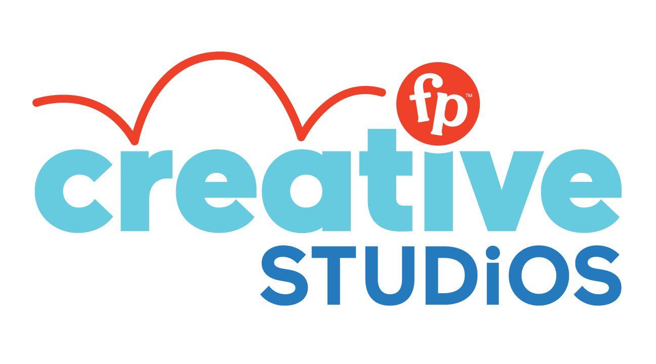 Creative Studios logo in blue and red with an orange fp icon