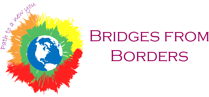 Bridges From Borders logo with colorful paint-splash globe icon and magenta text
