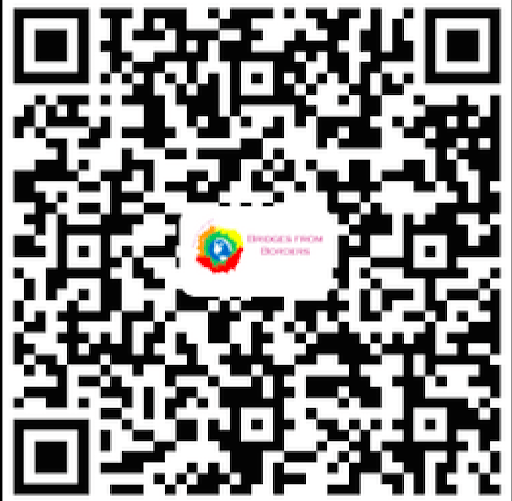 Black-and-white QR code with a colorful center logo and small text in the middle