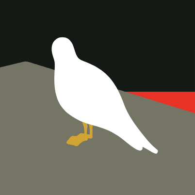 White bird standing on a gray surface with yellow feet, against a dark background and red corner.