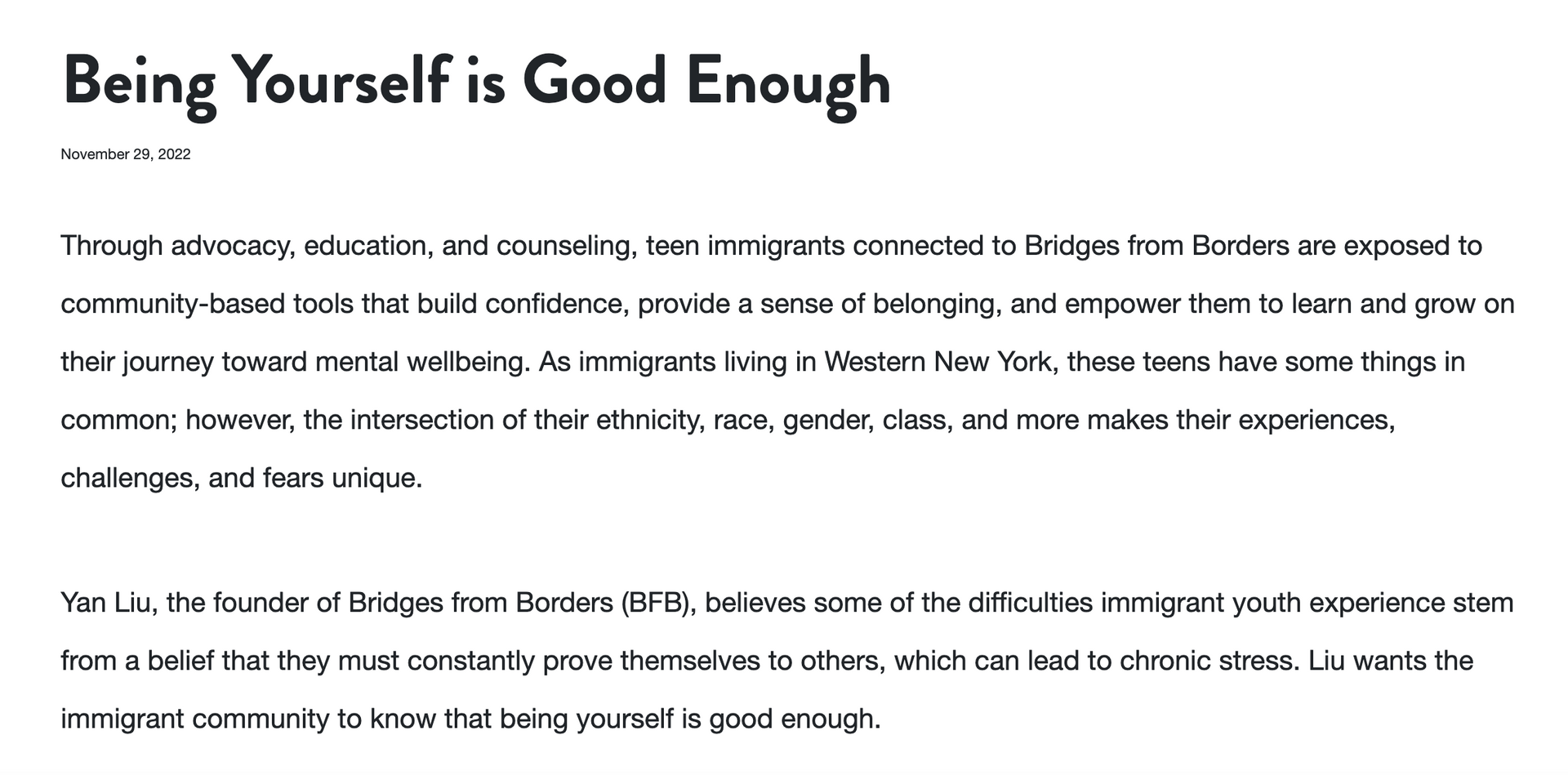 Article page titled “Being Yourself Is Good Enough” with several paragraphs of text and a small illustration of a cat on the right