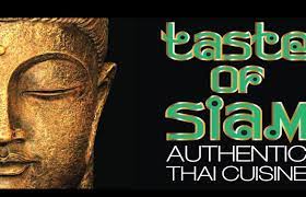 Golden Buddha face beside text “Taste of Siam” and “Authentic Thai Cuisine” on black background