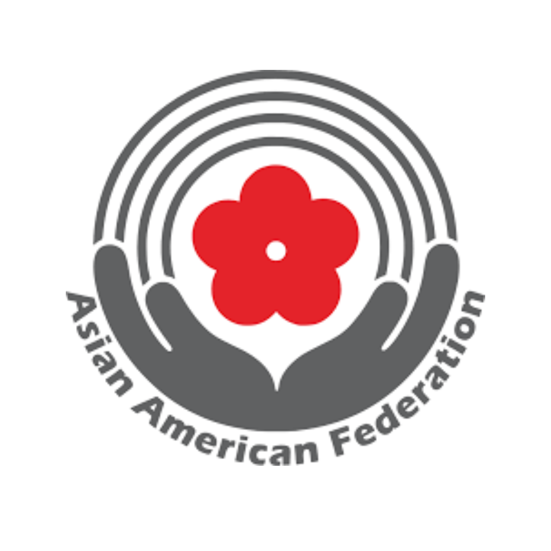 Asian American Federation logo with red flower and gray hands under rainbow arcs