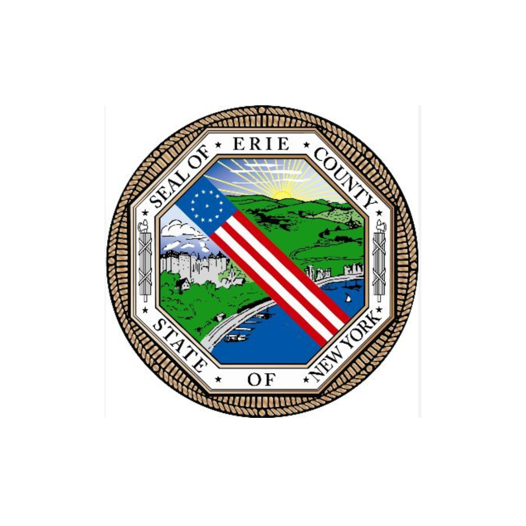 Erie County, New York seal with a red, white, and blue diagonal ribbon over a landscape scene