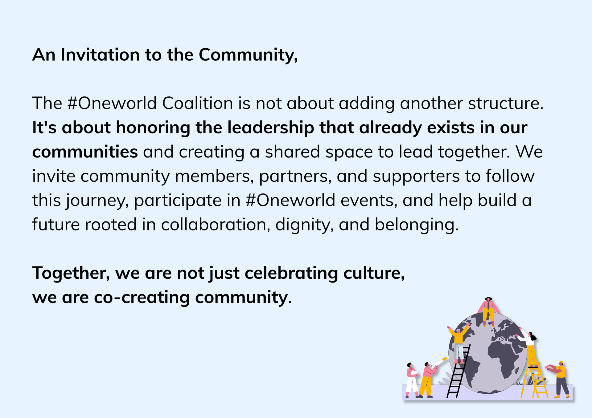 Invitation text with a small group of people around a globe, about community and co-creating culture.