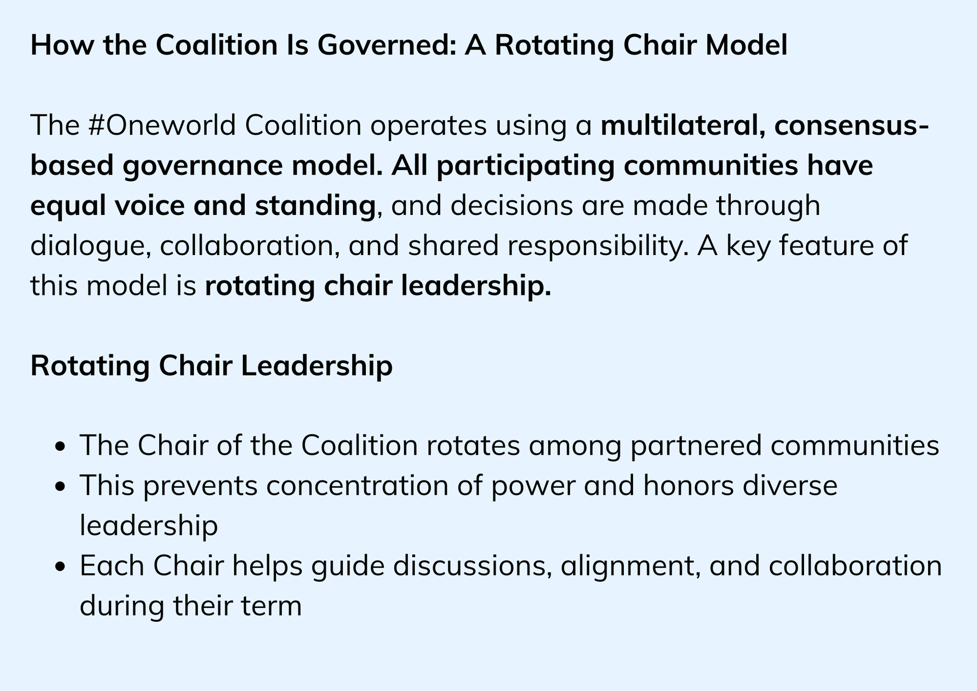 Slide titled “How the Coalition Is Governed” with bullets explaining a rotating chair leadership model.