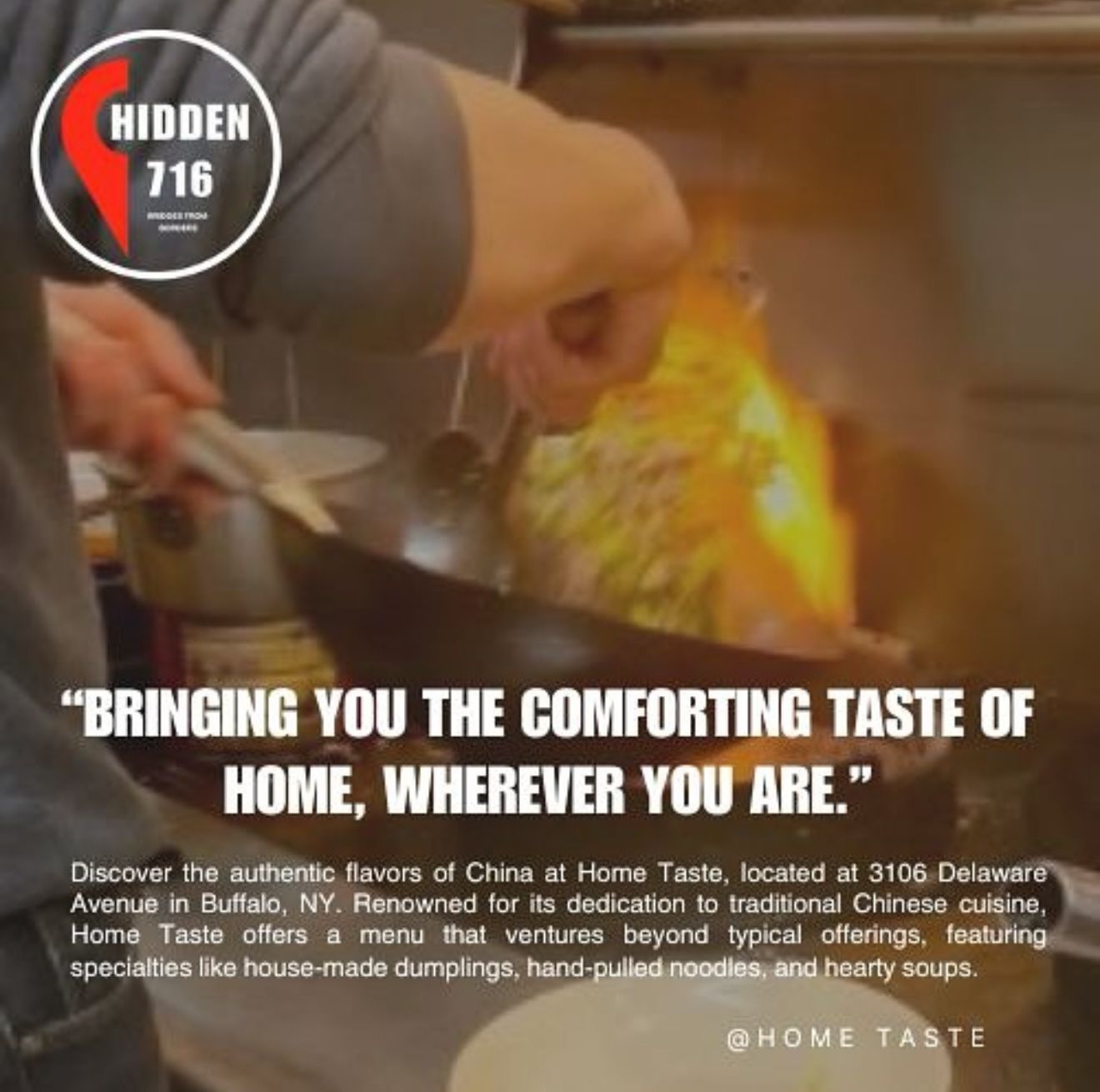 Hand stirring food in a pan with flames, overlaid with “Bringing you the comforting taste of home” text.