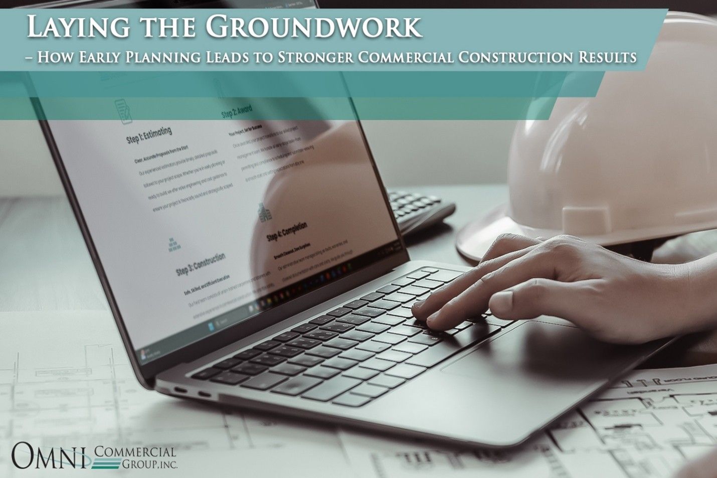 Person typing on a laptop with a hard hat and blueprints, titled