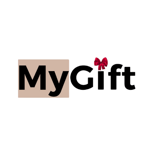 Logo avec le texte « MyGift », un carré beige derrière « My » et un nœud rouge sur le « i ».