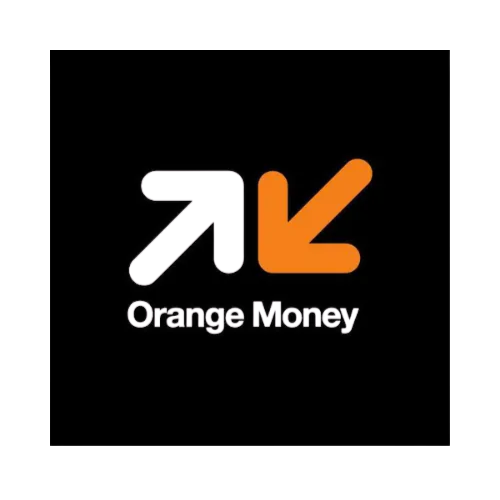 Logo Orange Money : Deux flèches, une blanche et une orange, sur fond noir avec le texte « Orange Money ».