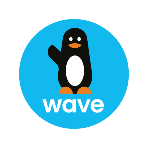 Un pingouin noir de dessin animé avec un ventre blanc fait la vague à l'intérieur d'un cercle bleu ; « vague » en dessous.