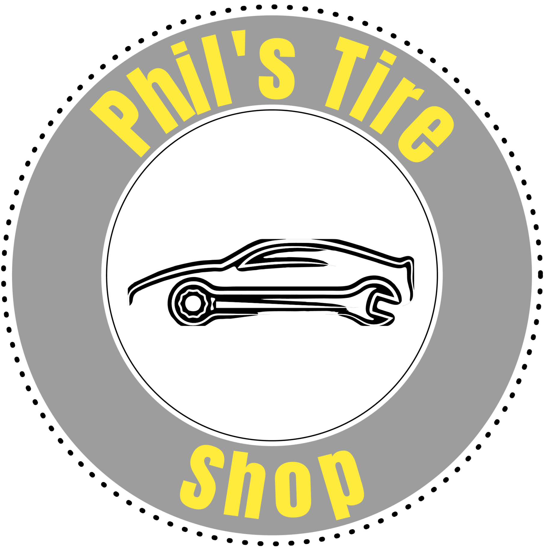 A logo for phil 's tire shop with a car and wrench in a circle.
