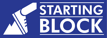 A blue sign that says starting block on it
