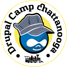 A logo for drupal camp chattanooga with a train in the background