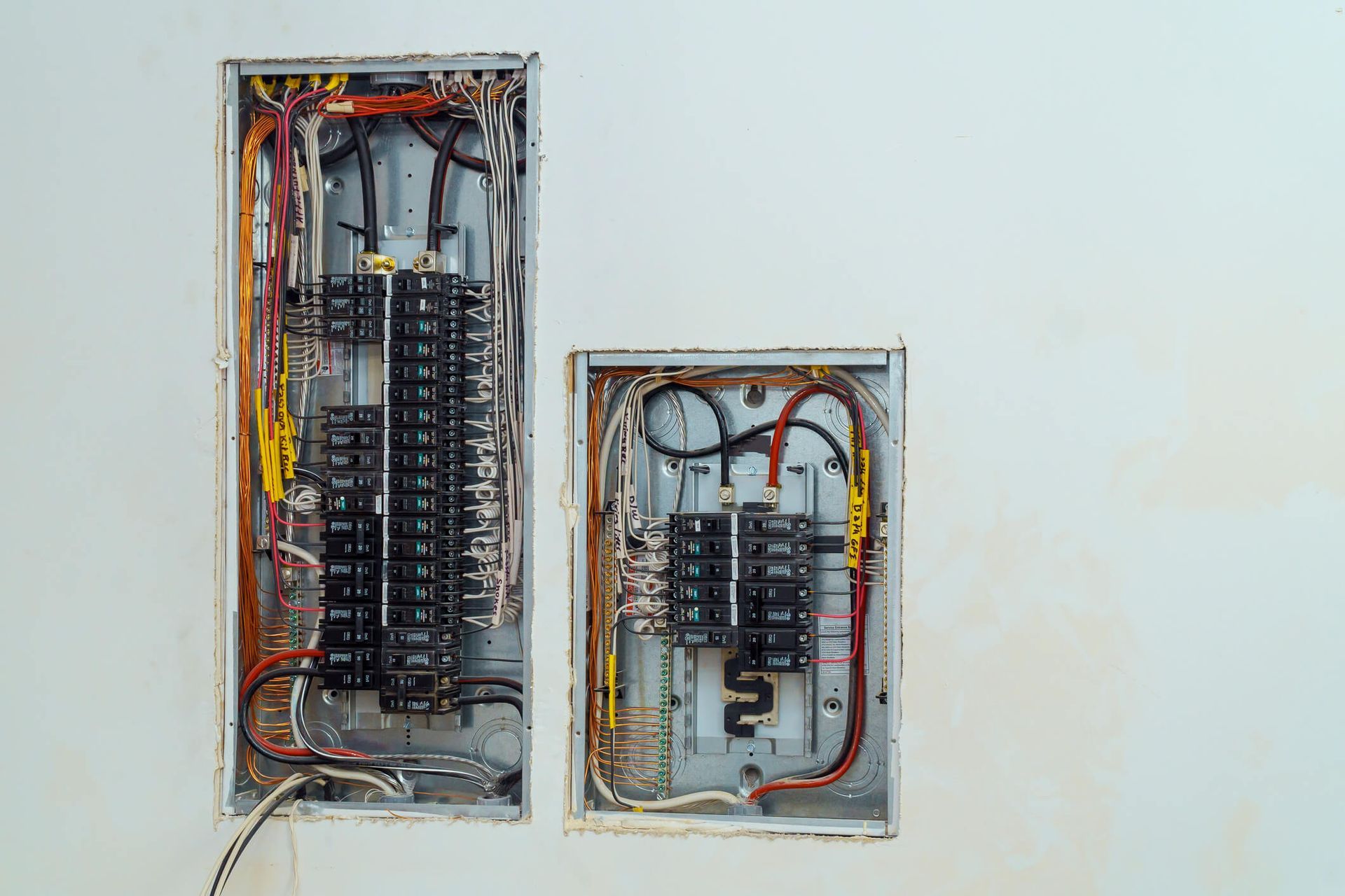 Two open electrical breaker panels with exposed wiring in a wall recess